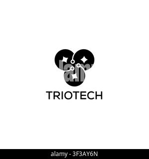 Abstract technology logo featuring three interconnected circular elements with digital connection nodes. Suitable for blockchain, Web3, AI, cloud comp Stock Vector