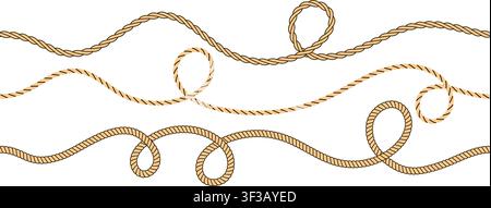 Beige rope wave pattern collection. Repeated brown squiggle curve thread lace set. Repeating hemp cord motif bundle. Wiggly braid twine plait loops. Tangled chain, wire or yarn string tie pack. Vector Stock Vector