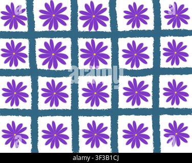 A dense grid of purple daisy flowers filling white squares divided by teal torn-line borders. Stock Photo