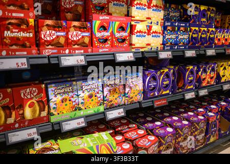 Chocolate Easter Eggs on a shelf inside a British supermarket - Wales, UK - 11 March 2026 Stock Photo