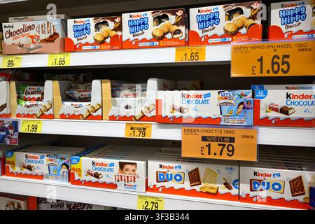 Kinder brand chocolate products on a shelf inside a British supermarket - Wales, UK - 11 February 2026 Stock Photo
