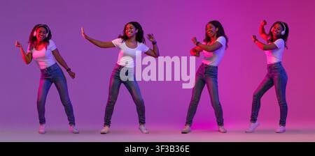 Having Fun. Collage with happy young black woman dancing in neon light Stock Photo