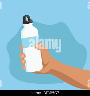 Vector illustration of a hand holding a reusable water bottle, promoting hydration, healthy lifestyle, sustainability, fitness, and eco friendly daily Stock Vector