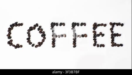 Coffee Word Made from Roasted Beans on White Background Stock Photo