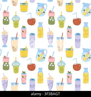 Seamless pattern with summer refreshing drinks cocktails smoothies lemonade and boba tea flat Stock Vector