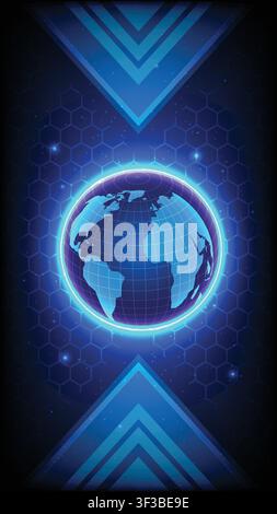 Abstract digital earth planet with glowing neon rings, honeycomb grids and sharp geometric triangles Stock Vector