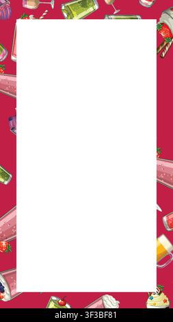 Vector illustration of colorful beverages and desserts bordering a white rectangular frame on pink. Stock Vector