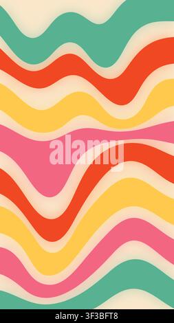 Vibrant 1970s style groovy background featuring colorful abstract wavy lines in orange, pink, yellow and teal Stock Vector
