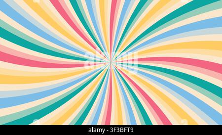 Vibrant 1970s retro sunburst background featuring colorful twisting rays in pastel pink, blue, yellow and teal Stock Vector