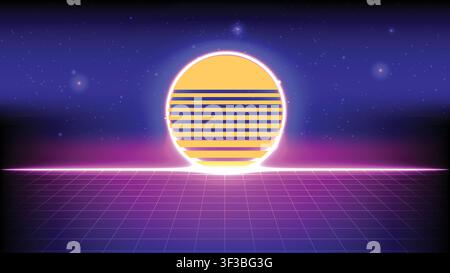 1980s 1990s retro futuristic landscape featuring a glowing neon sun, wireframe grid and starry cyber space Stock Vector