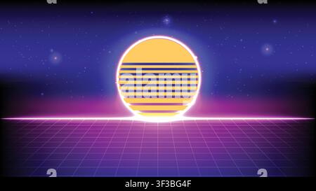 1980s 1990s retro futuristic landscape featuring a glowing neon sun, wireframe grid and starry cyber space Stock Vector