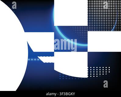 Futuristic digital background featuring glowing neon light circles, halftone dot patterns and tech elements Stock Vector