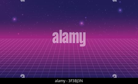 Futuristic 1980s synth wave style background featuring pink neon wireframe grid landscape and starry sky Stock Vector
