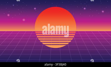 Futuristic 1980s outrun style background featuring abstract retro sunset, neon grid and starry sky Stock Vector