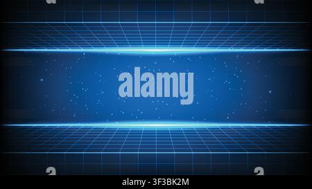 Abstract technology futuristic grid wireframe backdrop with neon glowing lines, particles and copy space Stock Vector