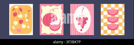 Colorful set of summer fruit posters with scallop frames. Vector illustration of sliced sweet watermelon, pink cherry on bright abstract background, vibrant postcard, organic juice package design Stock Vector