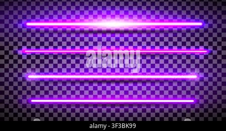 Purple lazer straight lines pack isolated. Neon glowing laser beam effect with shadows. Fluorescent LED electric luminous line. Led light halogen dyna Stock Vector