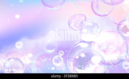 Rainbow soap bubbles floating on purple gradient background. Vector realistic illustration of sparkling foam and water spheres with iridescent reflections, dreamy pastel backdrop for magic fun design Stock Vector