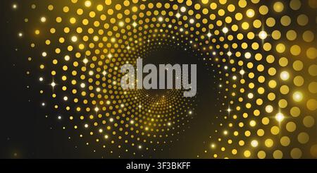 Spiral halftone background with glowing golden dots and radial light texture. Modern banner with tech pattern, abstract silver circles or tunnel swirl and sparkling motion effect, music design Stock Vector