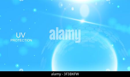 Uv shield protection banner with glass dome barrier and blue hexagon pattern. Vector realistic illustration of transparent 3d sphere with sun light effect, sunscreen technology, ultraviolet block Stock Vector
