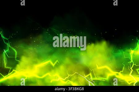 Green smoke swirls with glowing sparks, lightning on black background. Vector realistic illustration of magic fire with shimmering particles on dark, mystical atmosphere fog design, toxic fume effect Stock Vector