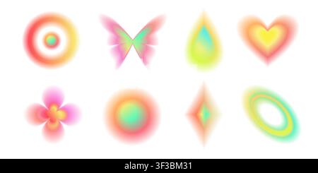 Y2k gradient figures, flower, heart, diamond with soft blur effect, circle and butterfly shape vector icons on white background. Aesthetic aura design Stock Vector