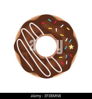 Top view of a delicious chocolate glazed donut with colorful sprinkles and white icing drizzle Stock Vector