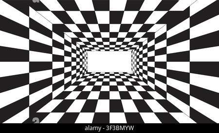 Abstract black and white checkered pattern corridor background, Optical illusion checkerboard tunnel perspective Stock Vector