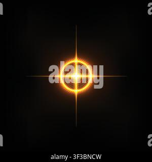 Abstract bright orange digital planet circle with cross hair neon flare light effect isolated on black background Stock Vector