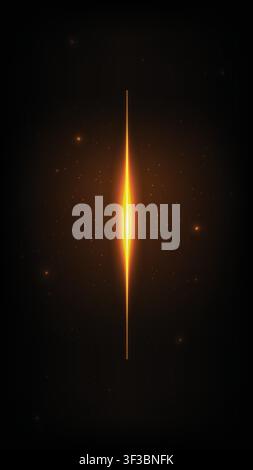 Vertical bright orange laser line with glowing particles and sparkles in dark starry outer space background Stock Vector