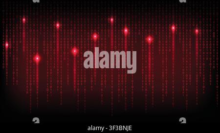 Abstract cybersecurity backdrop with glowing red binary numbers falling down vertically like a data matrix rain Stock Vector