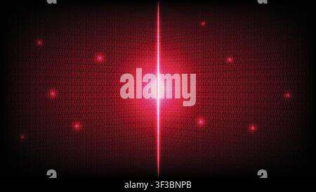 Abstract cybersecurity background featuring dark red digital matrix numbers, data wall and a bright laser flare Stock Vector