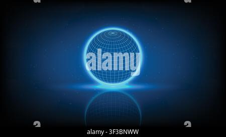 Abstract sci fi 3D hologram sphere grid on dark blue background, Cyberpunk technology global network Stock Vector
