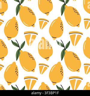 Cute seamless pattern featuring whole yellow lemons, citrus slices and green leaves on a clean white background. Perfect for textiles, wallpaper, wrap Stock Vector