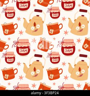 Cozy autumn seamless pattern featuring yellow teapots, red ceramic mugs, jam jars and star decorations on a cream background. Perfect for textiles, wa Stock Vector