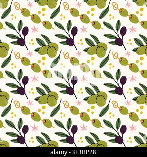 Charming seamless pattern featuring green olives on wooden skewers, olive branches with black olives and pink star accents on a cream background. Perf Stock Vector