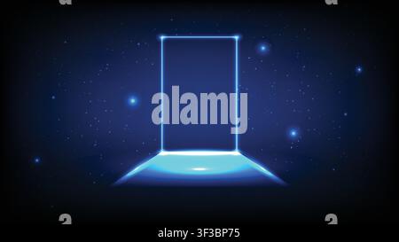 Glowing blue neon light door portal opening to galaxy space. Abstract sci fi futuristic technology background Stock Vector