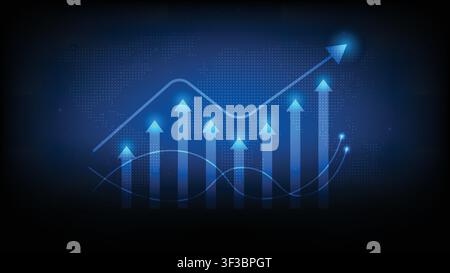 Futuristic blue background with rising stock market charts and glowing arrows, symbolizing economic growth Stock Vector