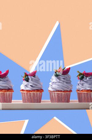 Cupcakes sit on a table at a birthday party with blue and peach colors in the background Stock Photo