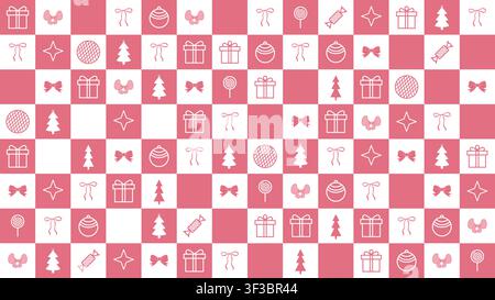 Cute pastel pink checkered pattern with holiday elements. Gift box, Christmas tree, candy and ribbon Stock Vector