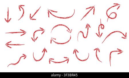 Collection of red crayon or chalk hand drawn arrows. Doodle pointer direction indicators on white background Stock Vector