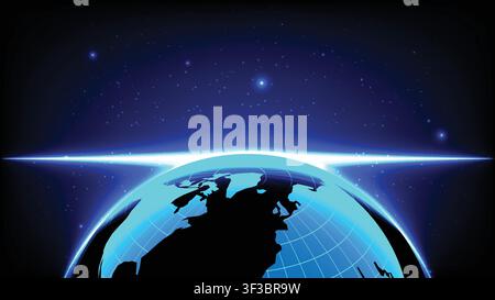 Futuristic digital planet earth background featuring a bright blue neon sunrise line and starry cosmic sky Stock Vector