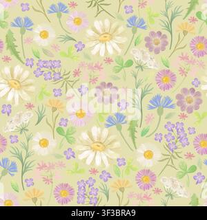 Seamless botanical handmade pattern. Illustration of a charming pressed botanical pattern, delicate watercolor flowers on a beige background. Stock Photo