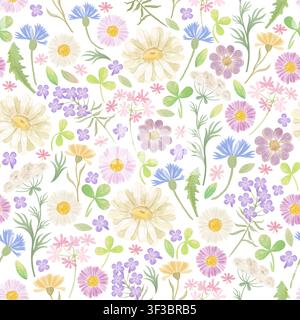 Seamless botanical handmade pattern. Illustration of a charming pressed botanical pattern, delicate watercolor flowers on a white background. Stock Photo