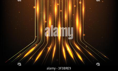 Abstract  glowing gold neon lines rising vertically with sparkles on a dark sci fi background Stock Vector
