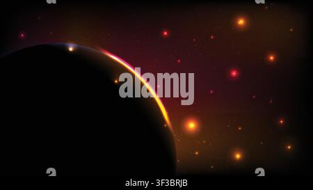 Beautiful space featuring a dark planet with a glowing golden horizon and bright stars Stock Vector