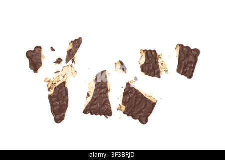 Broken Biscuit Coated in Dark Chocolate Isolated, Crumbled Square Cookies, Rectangular Shortbread Pieces, Crunchy Digestive Cookie Bites, Crumbs on Wh Stock Vector
