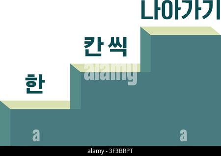 A staircase graphic with Korean text meaning move forward one step at a time. The illustration communicates gradual progress, steady effort Stock Vector