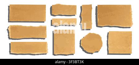 Cardboard Geometric Pieces Set Isolated, Carton Piece Mockups Collection, Square, Circle, Round Ripped Kraft Paper, Brown Papers Vector Illustration Stock Vector