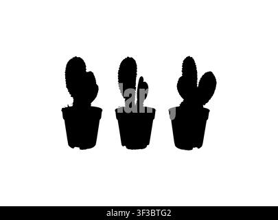 Cactus icon, succulents symbol, plant terrarium simple sign, office table plants silhouettes, black and white small cactus desk pots pictogram on whit Stock Vector